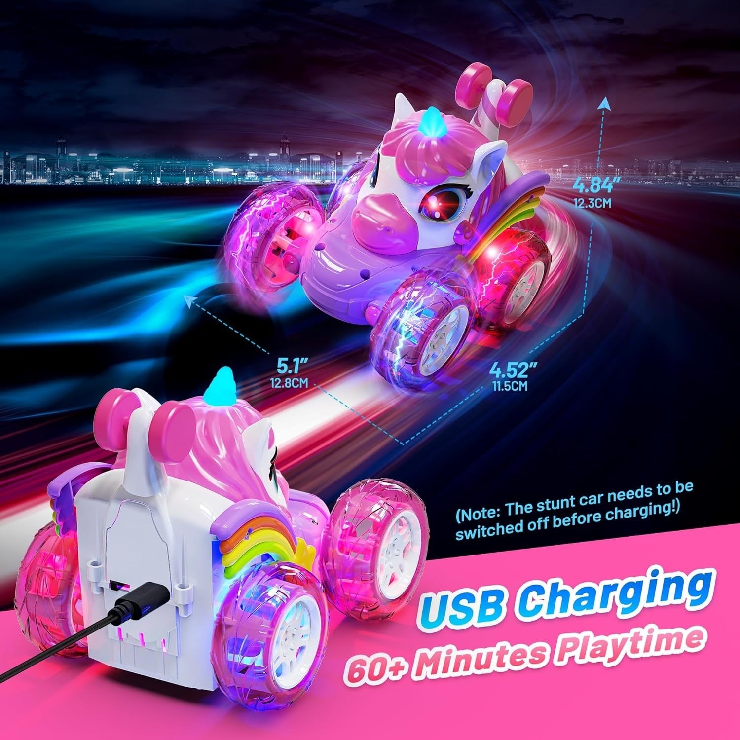 Unicorn RC Car for Girls – LED Stunt Remote Control Toy for Kids 3-6
