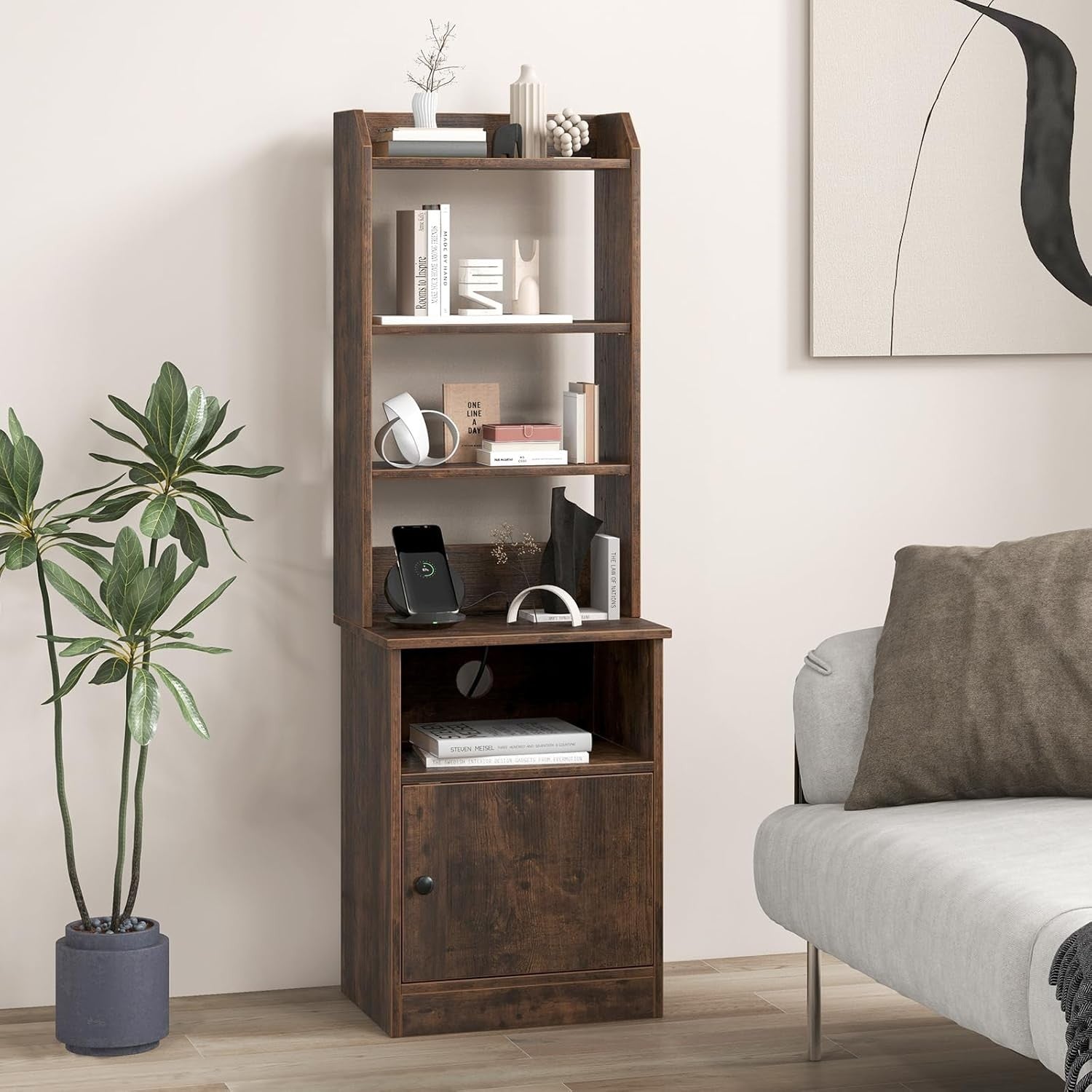 140cm Tall Rustic Brown Bedside Table with Charging Station & Adjustable Bookshe