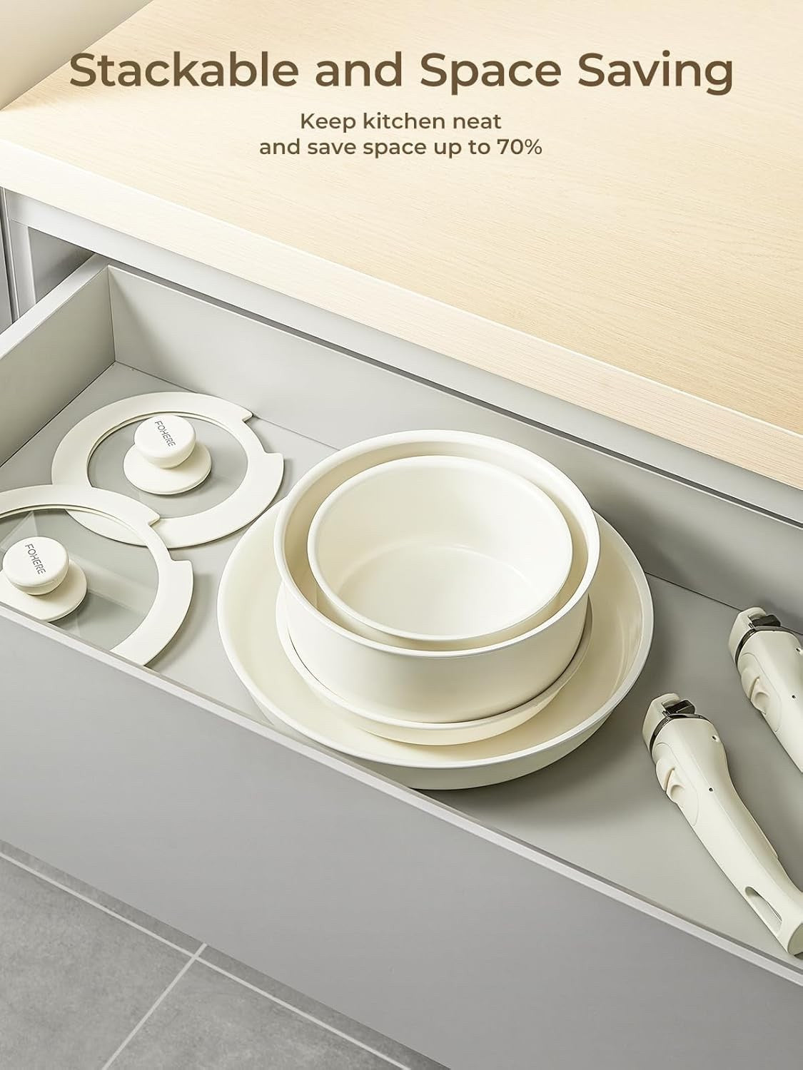 8Pcs Beige Ceramic Non-Stick Cookware Set with Detachable Handles & Lids
