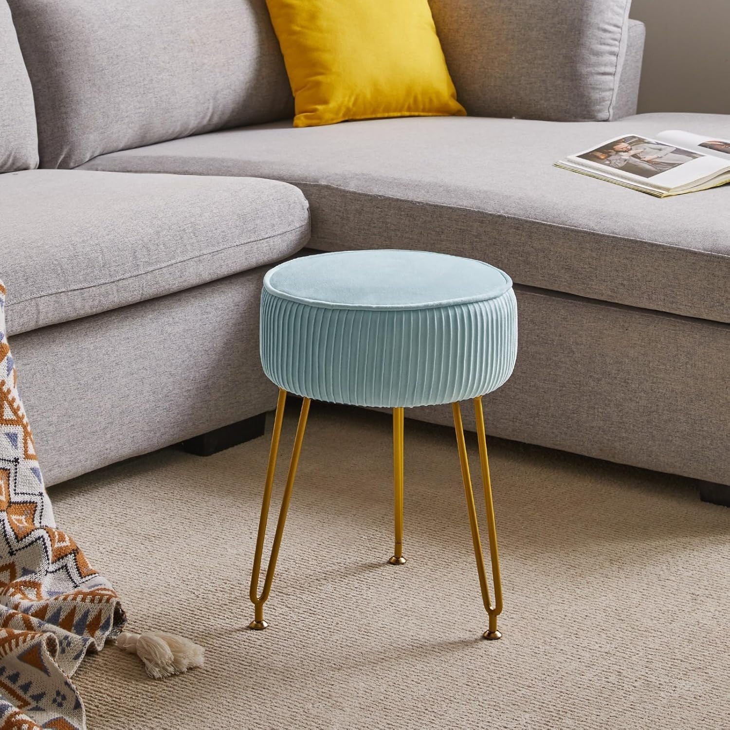Light Blue Velvet Vanity Stool — Round Footstool with Gold Legs