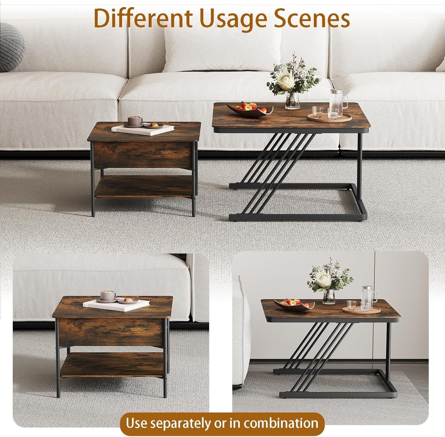 Square Nesting Coffee Table Set 2, Lift Top Storage, Walnut & Black, Space Savin