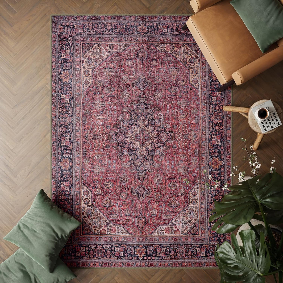 Washable Rug 152x213cm Soft Non-Slip Vintage Red Carpet for Living Room