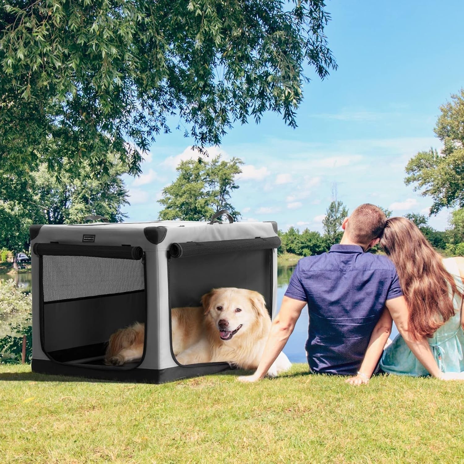 Foldable Large Soft Dog Crate – Portable Travel Kennel for Home & Car (Grey)