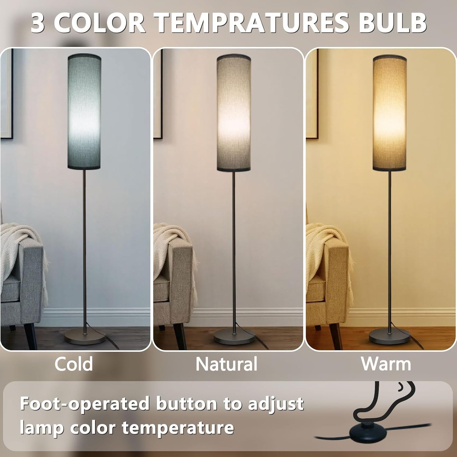 Tall Floor Lamp Grey Fabric Shade Dimmable Standing Light Foot Switch