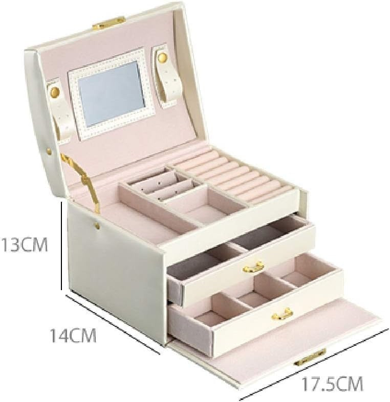 Portable PU Leather Jewelry Chest with Mirror Lock 3 Layer Organizer Case