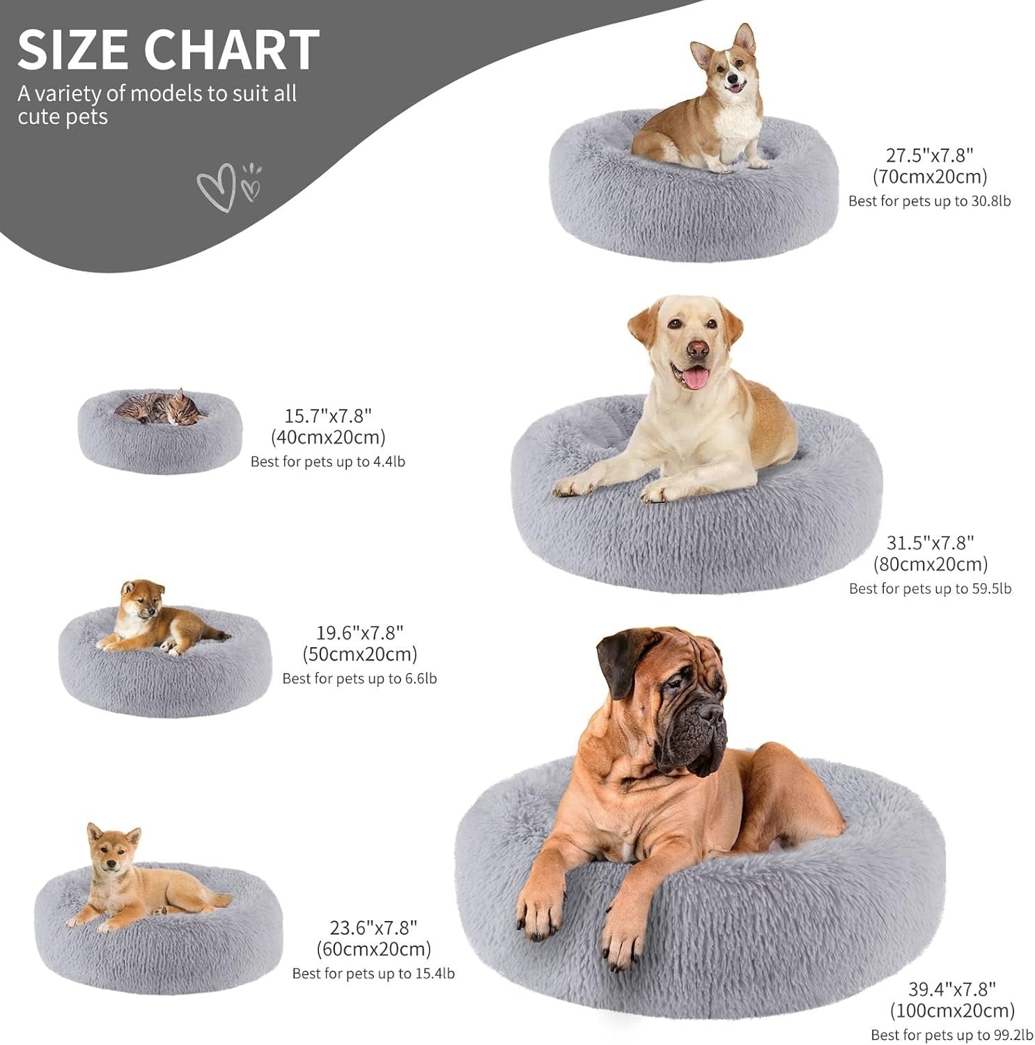 80cm Calming Donut Dog Bed Plush Washable Light Grey