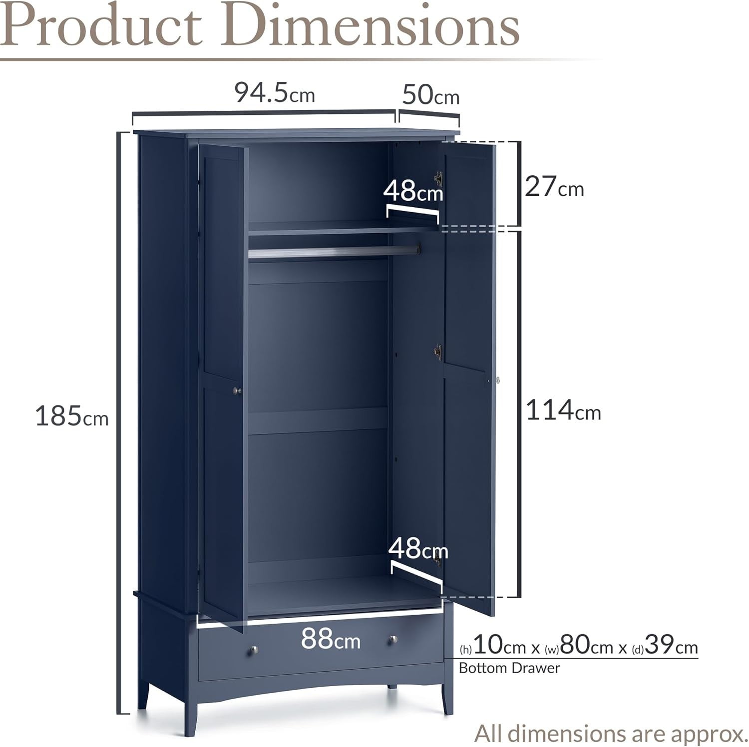 Navy Blue Double Wardrobe with Drawer | Soft Close Doors | Clothes Rail