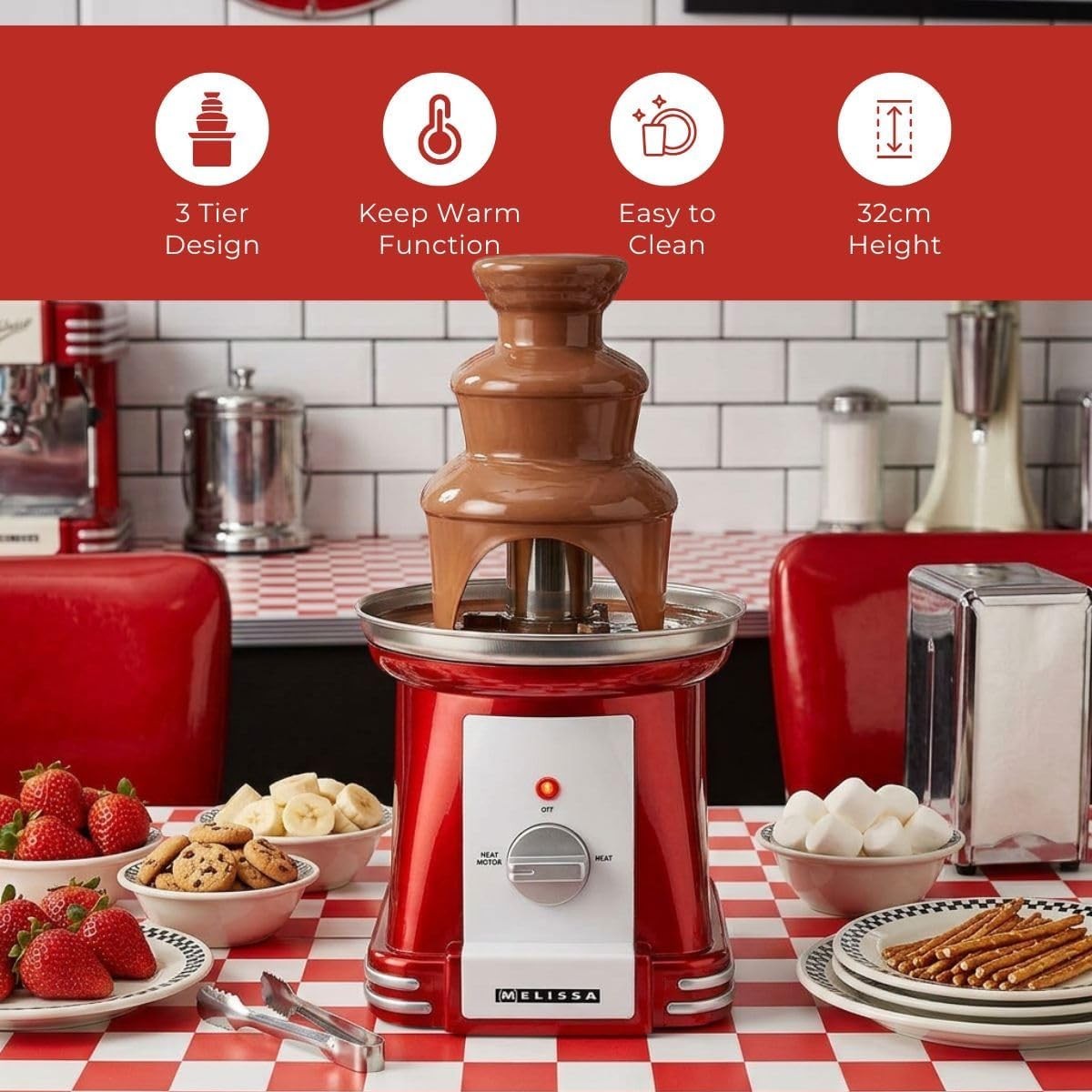 Retro Chocolate Fountain 3 Tier Dessert Fondue Machine 32cm Red