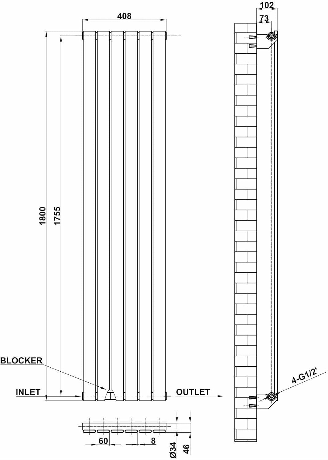 Modern Anthracite Vertical Radiator 1800x408mm Single Panel Heating