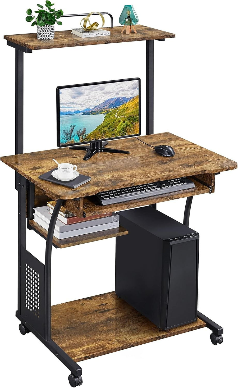 3 Tier Computer Desk with Printer Shelf Keyboard Tray Rolling Home