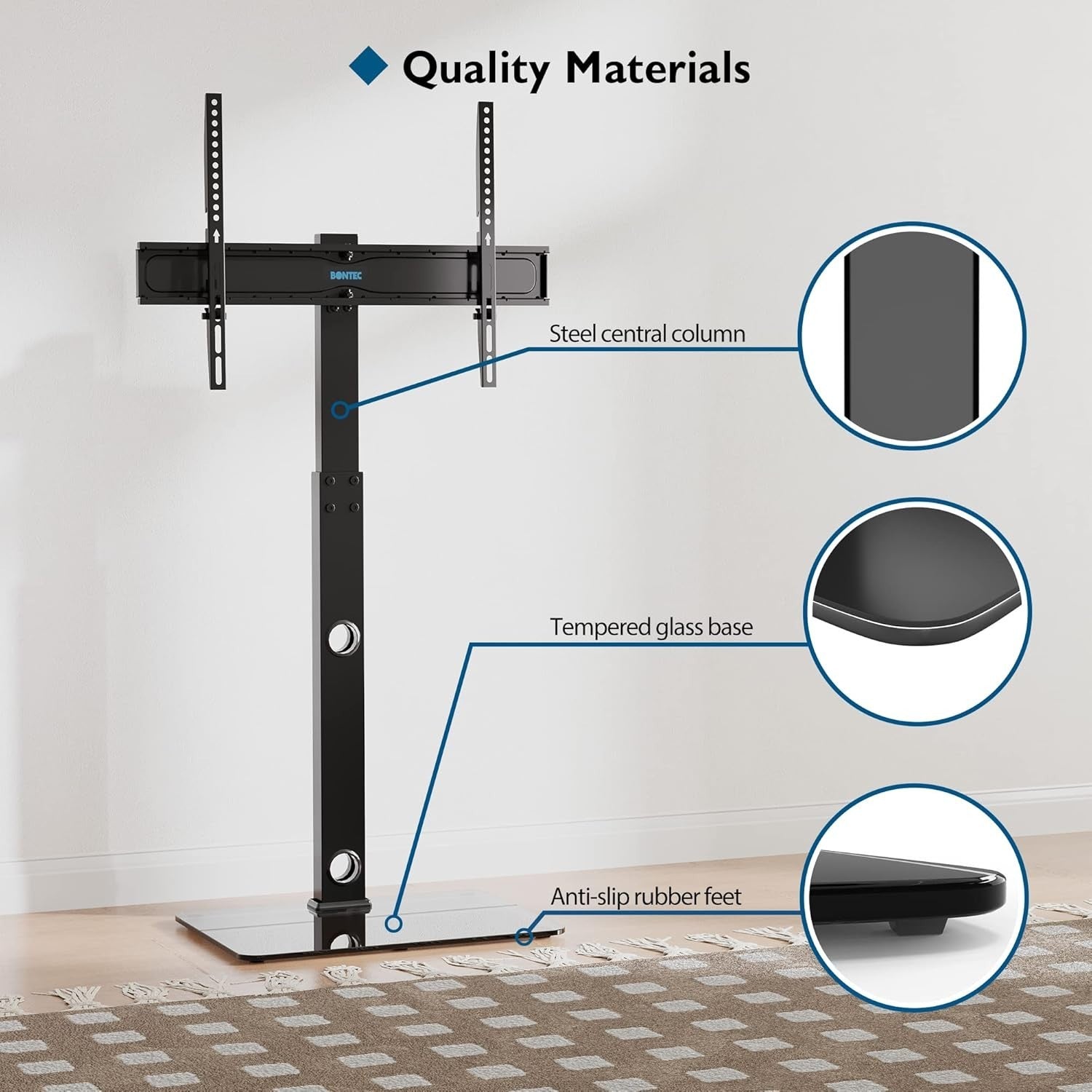 Adjustable Swivel TV Floor Stand 30-70" TVs, Tempered Glass Shelf, 40kg