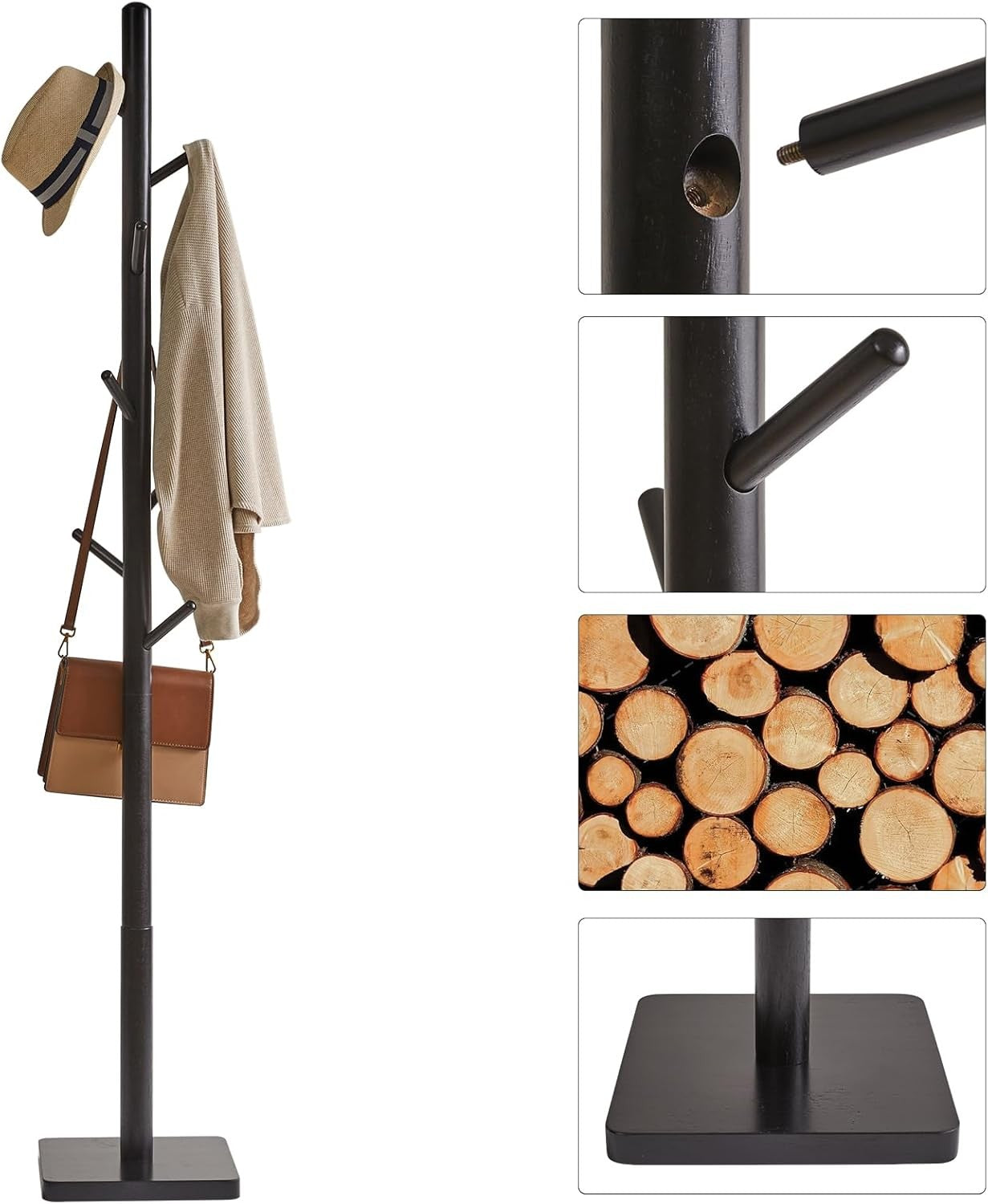 Modern Wooden Coat Rack Stand 8 Hooks Tall Hat Tree Organizer 176cm Black