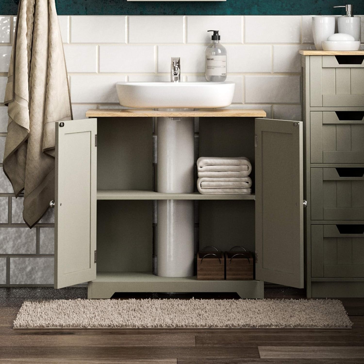 Grey Under Sink Bathroom Cabinet with Doors & Shelf Storage 60x30x60cm