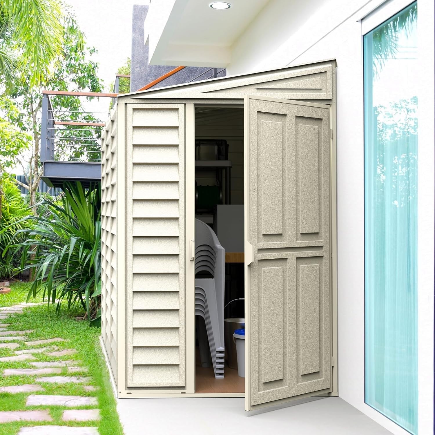 4x8ft Vinyl Garden Shed Metal Roof Lockable Maintenance-Free Ivory
