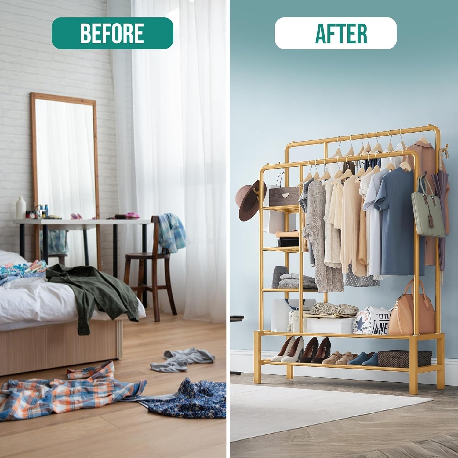 Heavy Duty Gold Clothes Rail 120KG Double Hanging Rack With Shelves