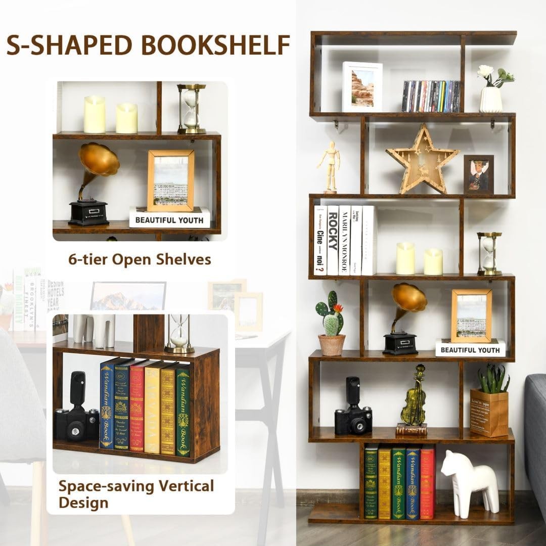 S-Shaped 6 Tier Bookcase Tall Freestanding Storage Shelving Unit 80x23x192cm