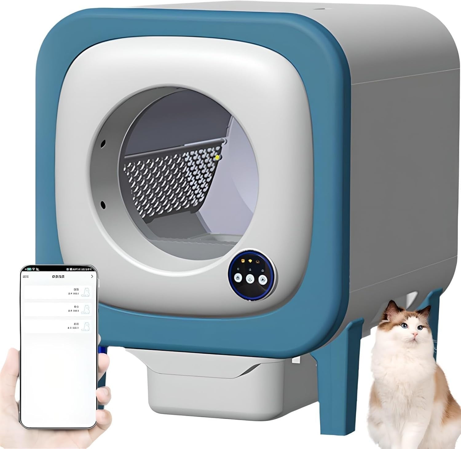 Self Cleaning Cat Litter Box APP Video Monitor 72L Smart Auto Blue