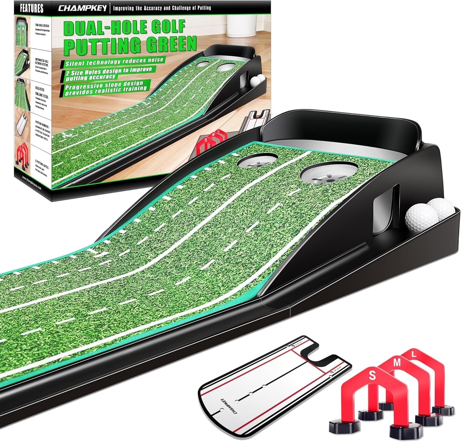 Dual Hole Golf Putting Green Indoor Trainer Mat w Mirror Gates