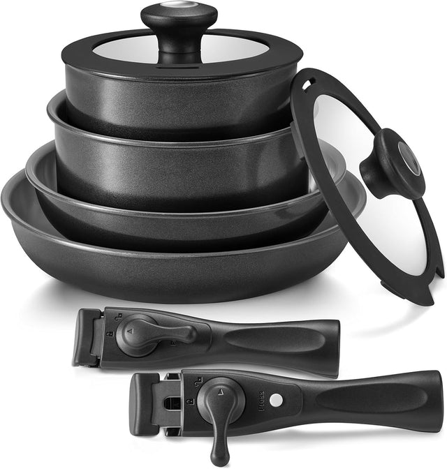 10pcs Gray Black Ceramic Non Stick Induction Pan Set  with Detachable Handles
