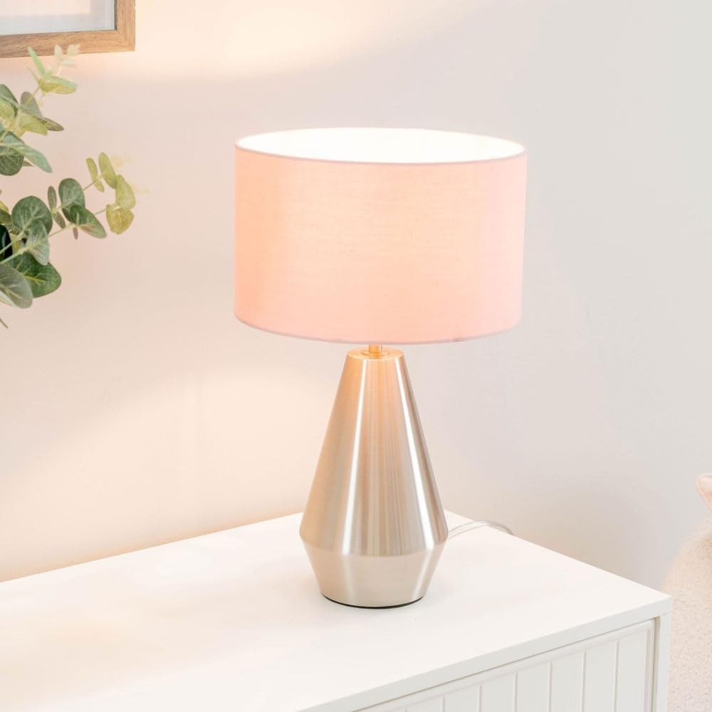 Silver Touch Dimmer Table Lamp Pink Drum Shade Bedside LED Light
