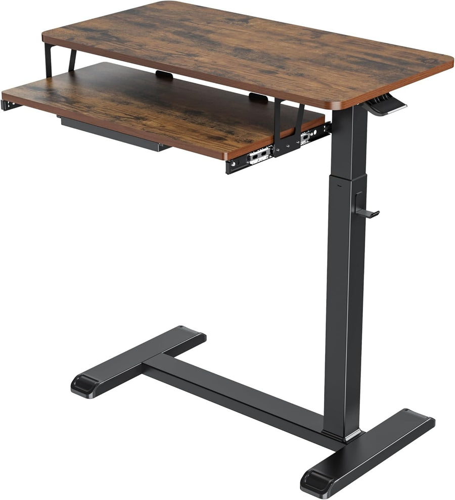 Overbed Table Adjustable Rolling Laptop Desk With Drawer Keyboard Tray Walnut