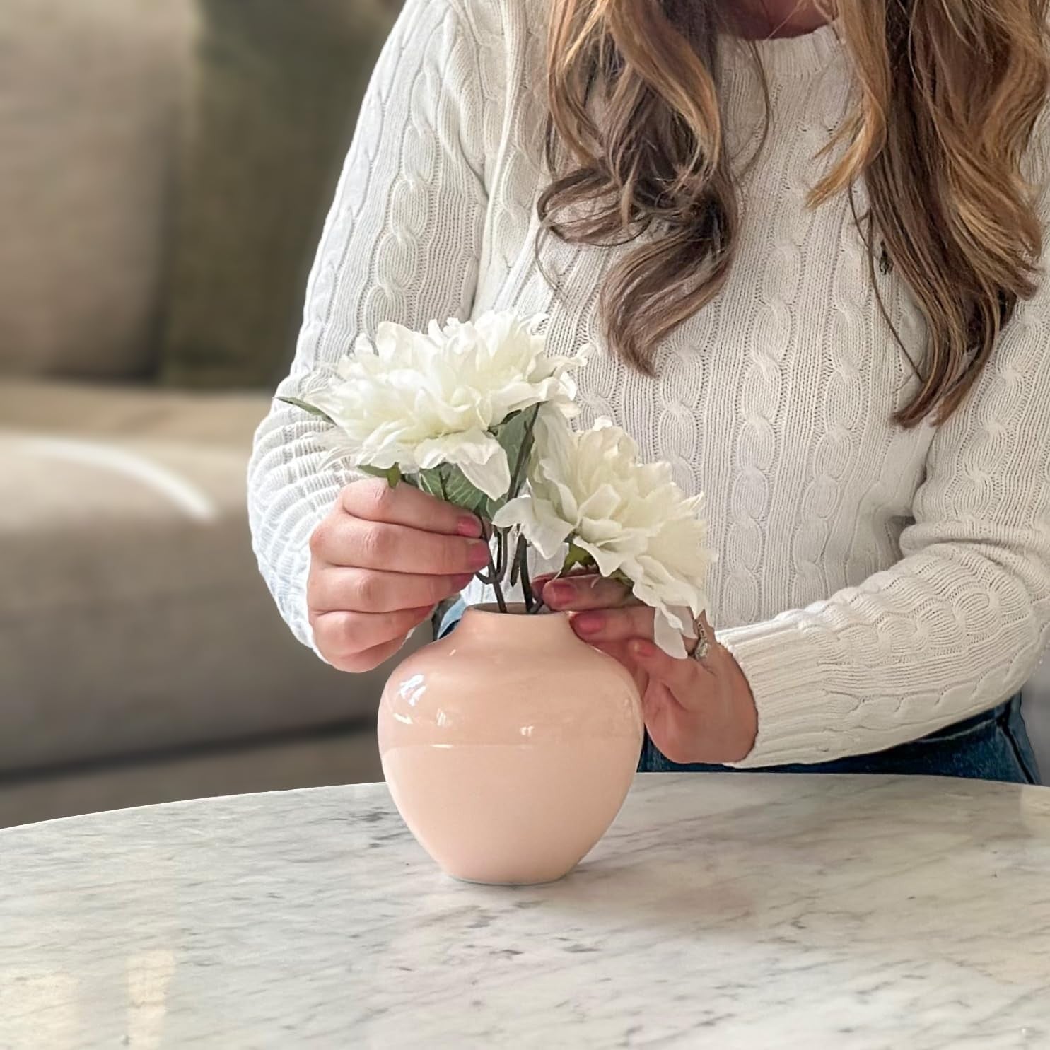 Small Pink Ceramic Vase 13cm Glossy Round Flower Table Centrepiece