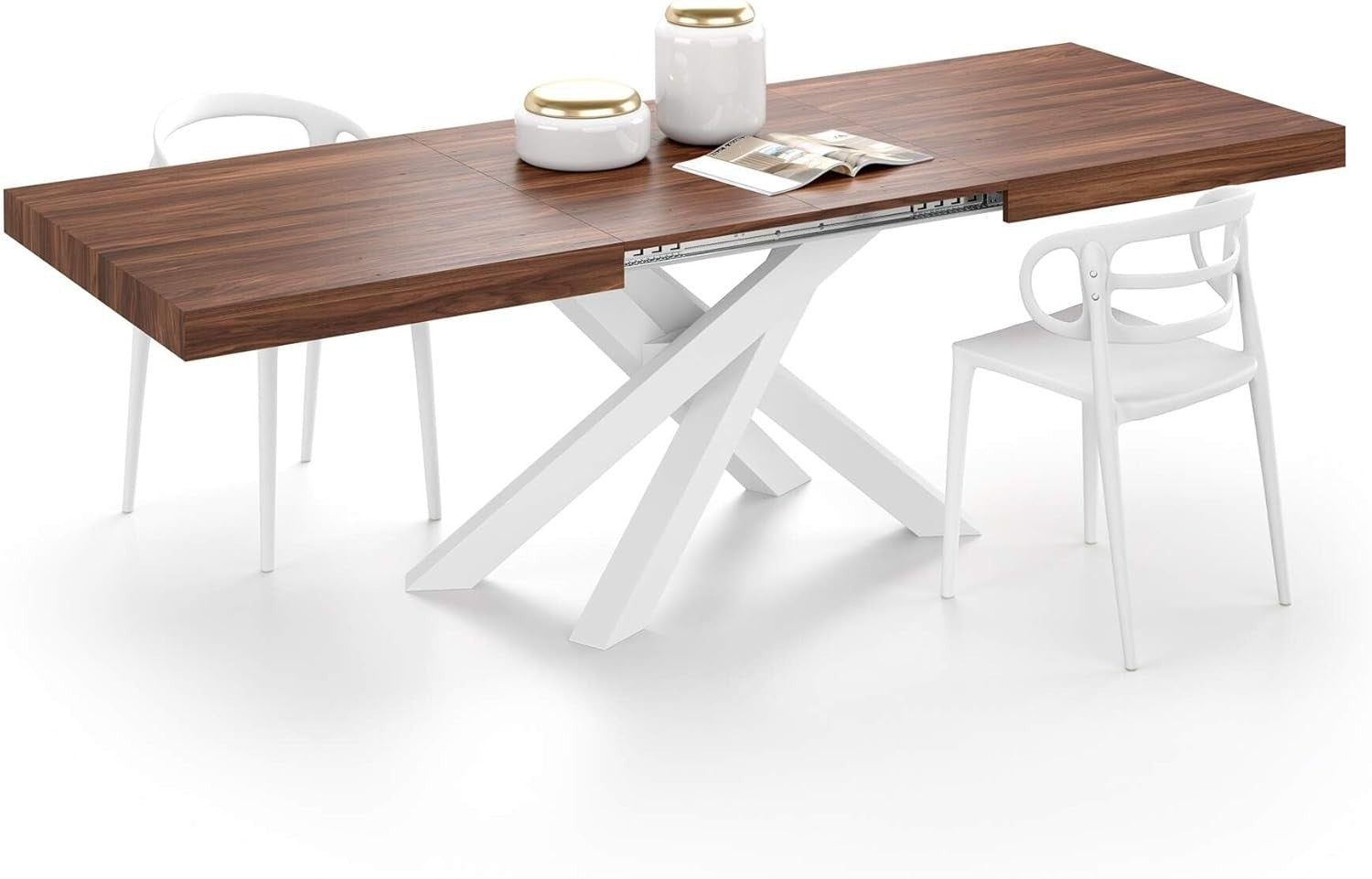 Extendable Walnut Dining Table 160–240cm w/ White Cross Legs Modern