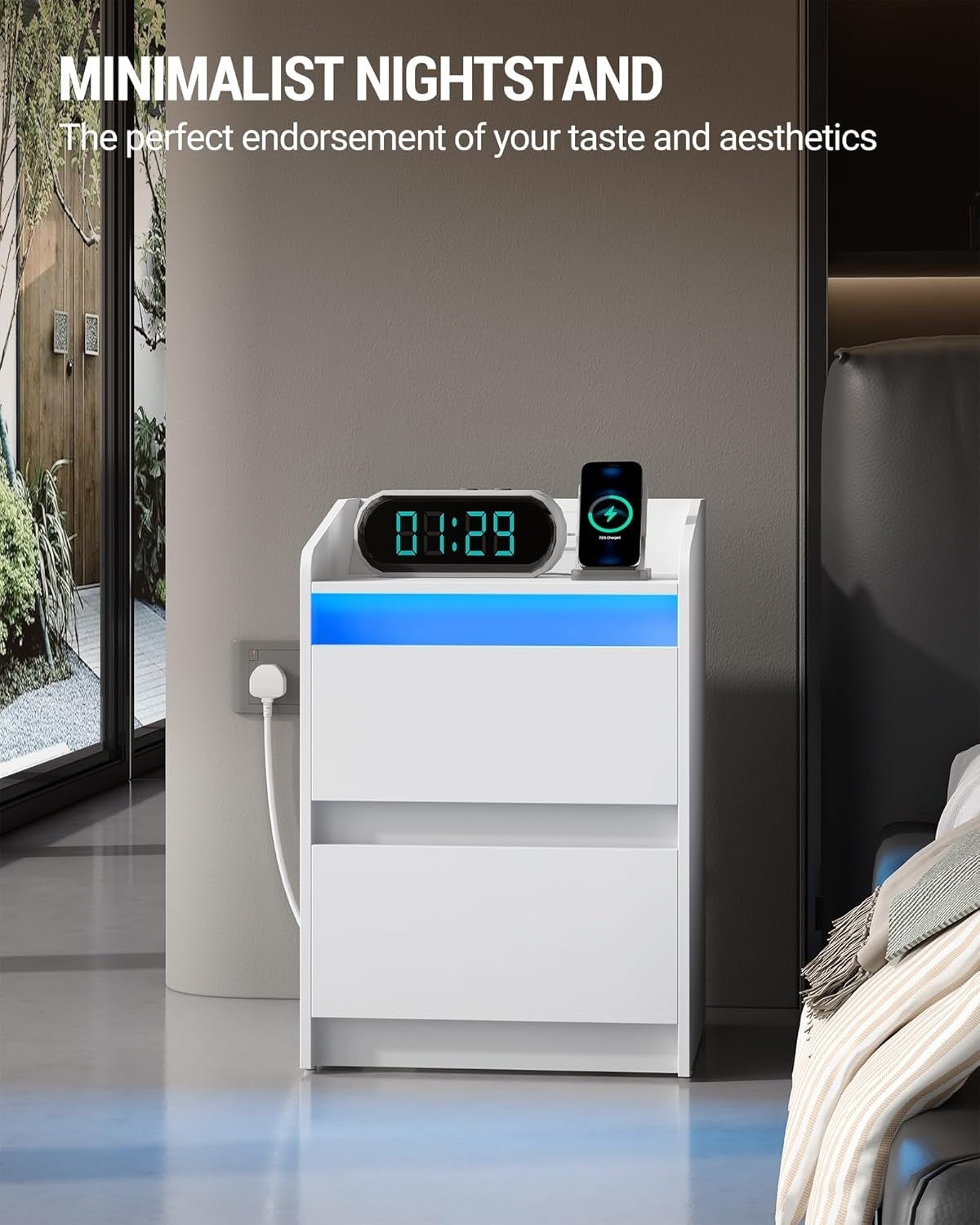 Set of 2 LED Bedside Tables with USB Charging Station Modern White Drawers