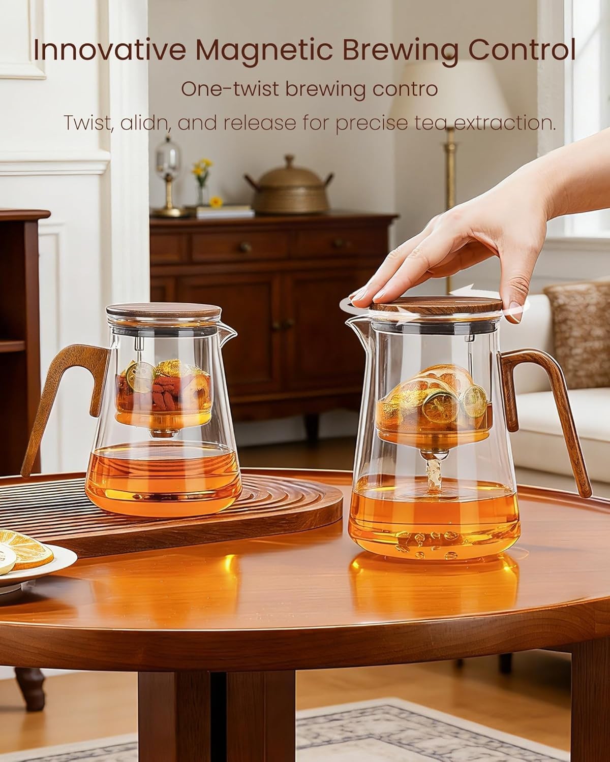Magnetic Glass Teapot 1000ml Tea Pot w Infuser Walnut Handle Lid