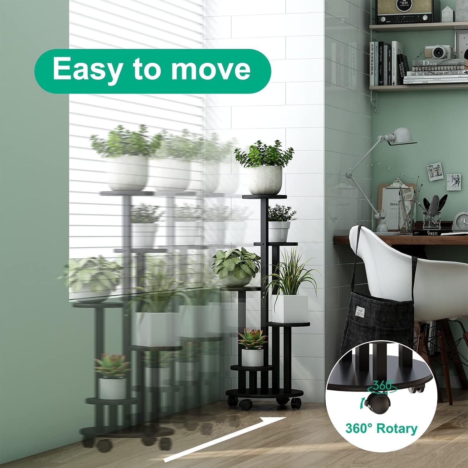 5 Tier Black Bamboo Plant Stand with Wheels Indoor Outdoor Corner Flower Shelf