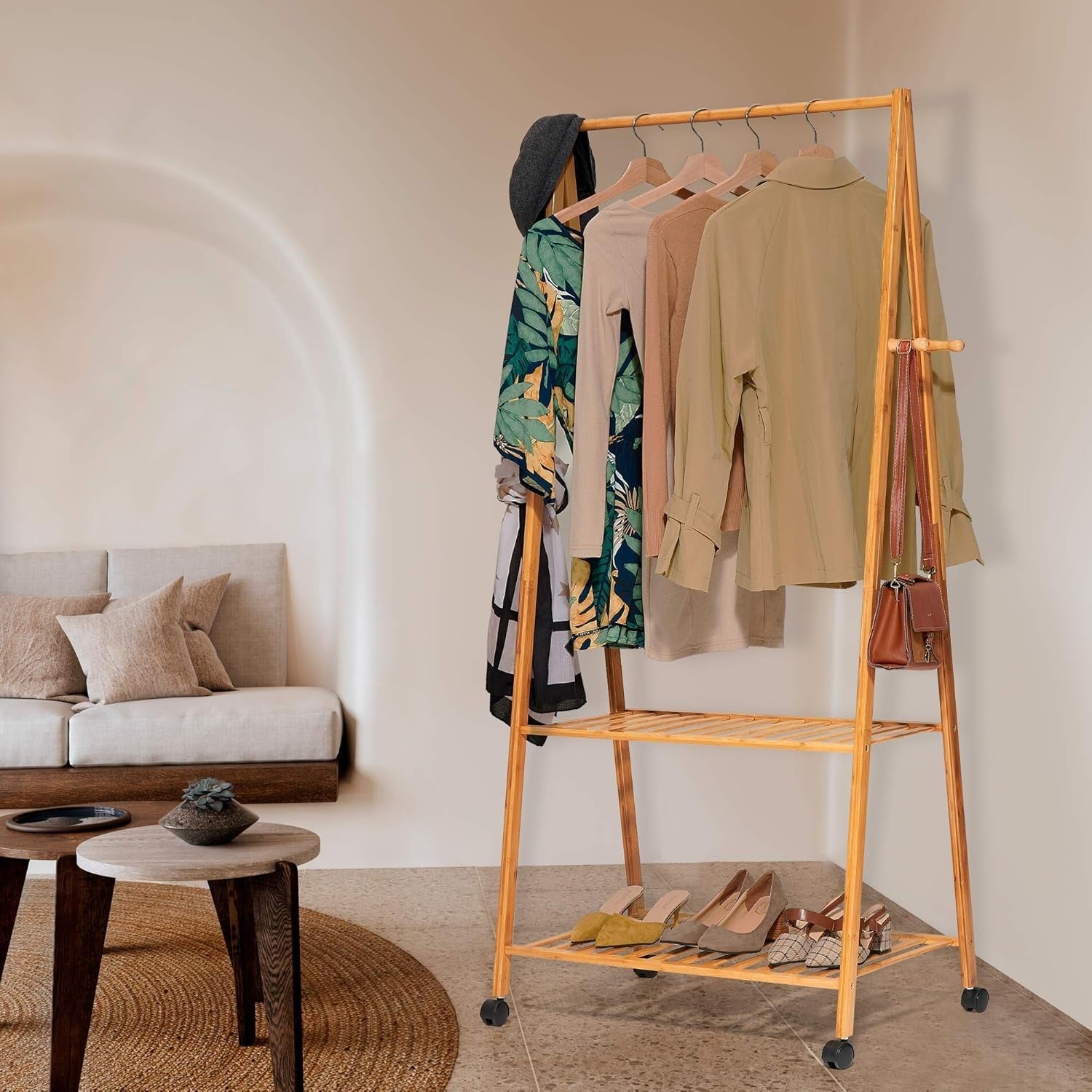 3-in-1 Wooden Coat Stand with Shoe Rack & Hooks – Bamboo Brown
