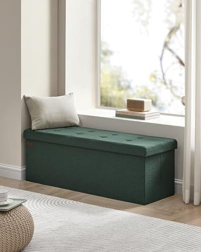 Foldable Storage Ottoman Bench 76cm Linen Seat Retro Green