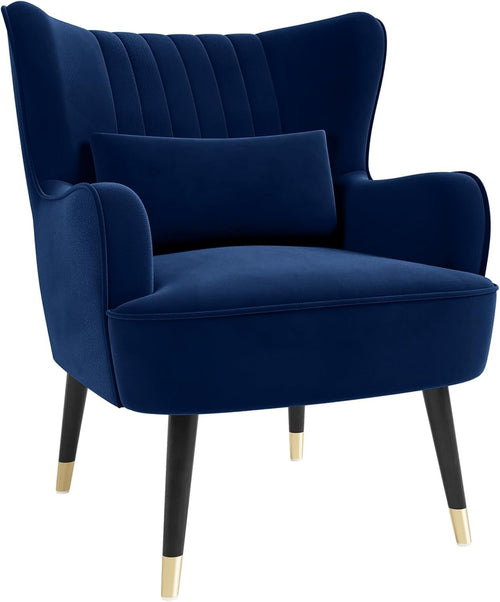 Velvet Blue Wingback Armchair with Lumbar Pillow | Stylish, Comfy Lounge Seat