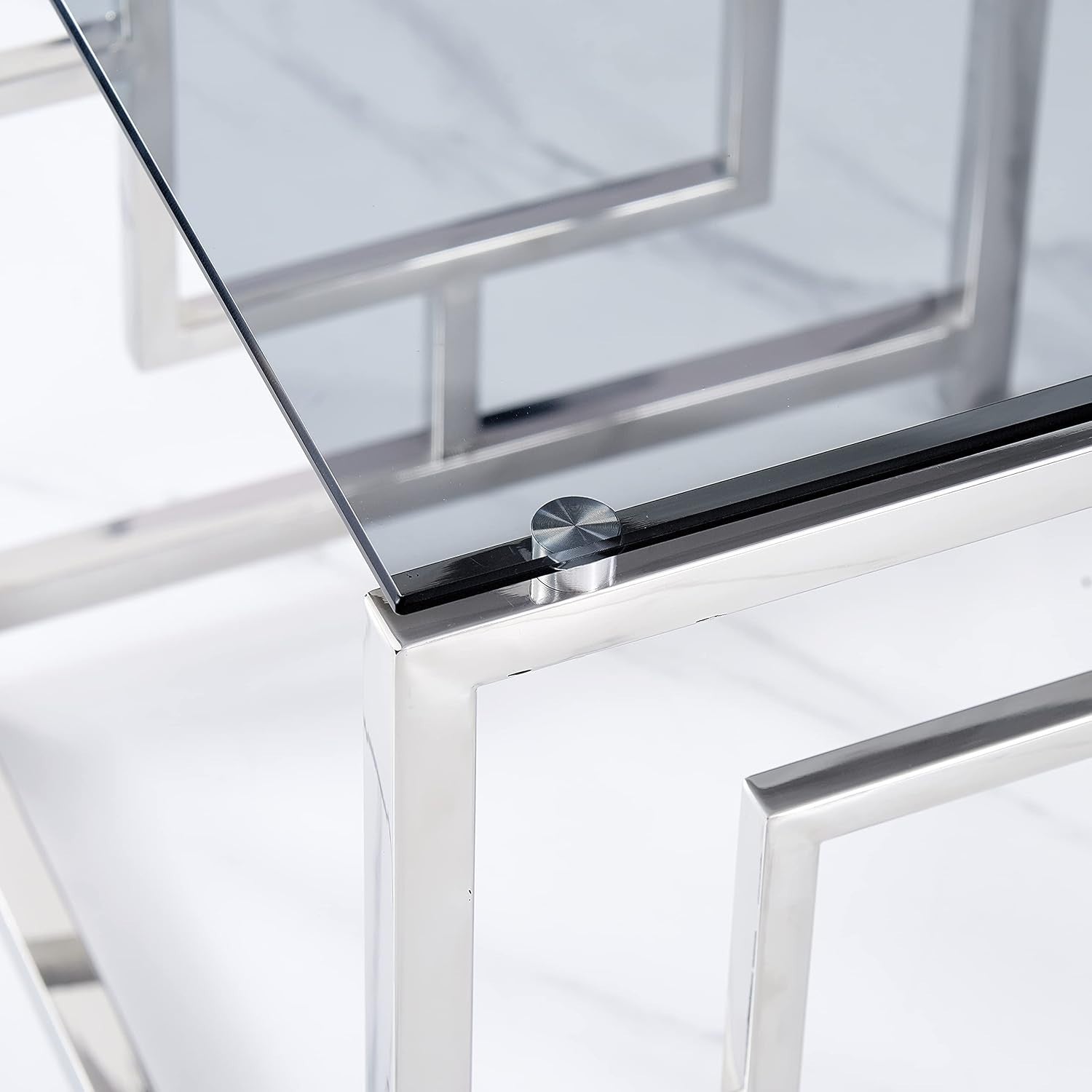 Nest of 3 Modern Coffee Tables Dark Glass Silver Metal Frame Stackable