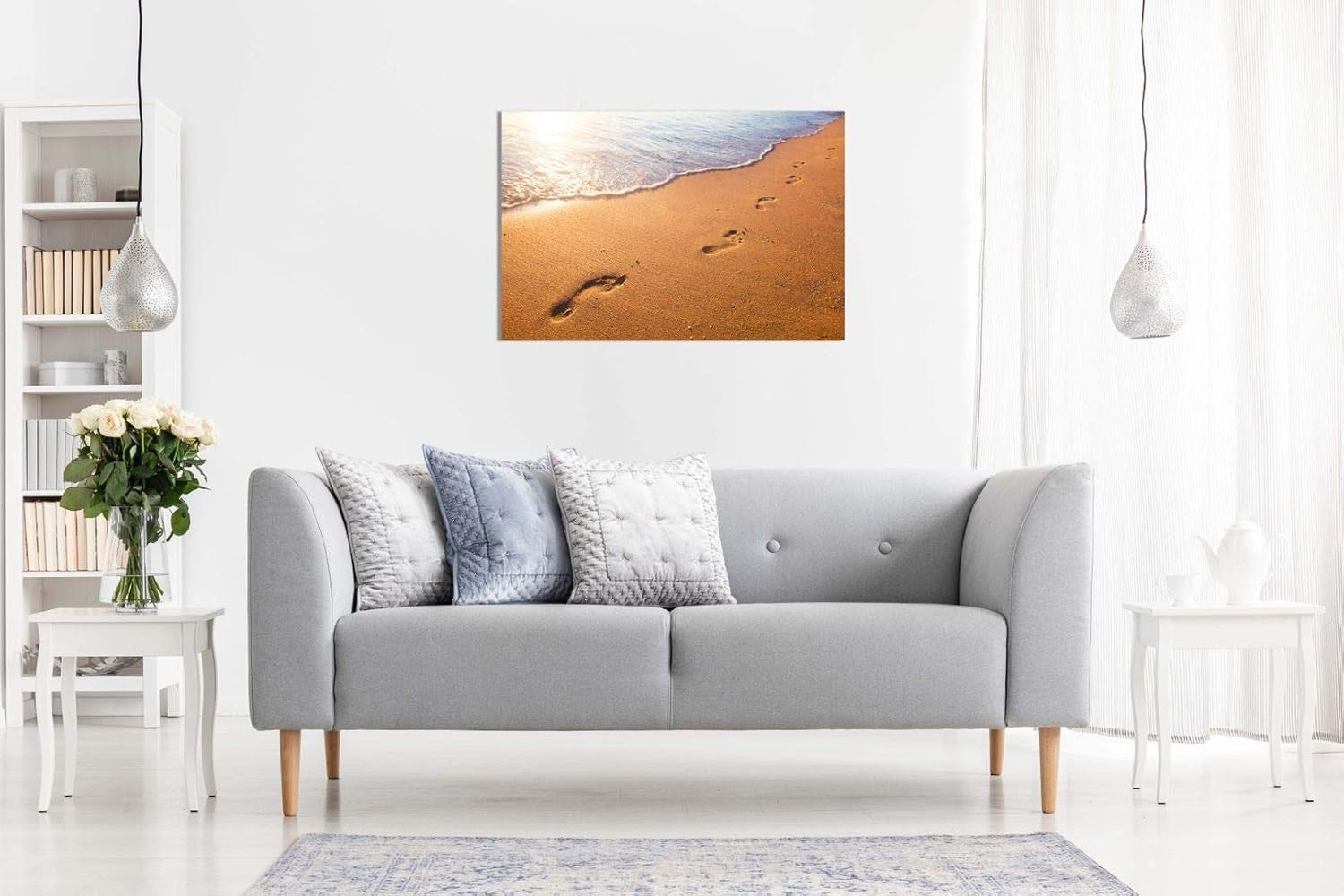 Relaxing Beach Wave Canvas Wall Art Sunset Footprints Ocean Decor Print