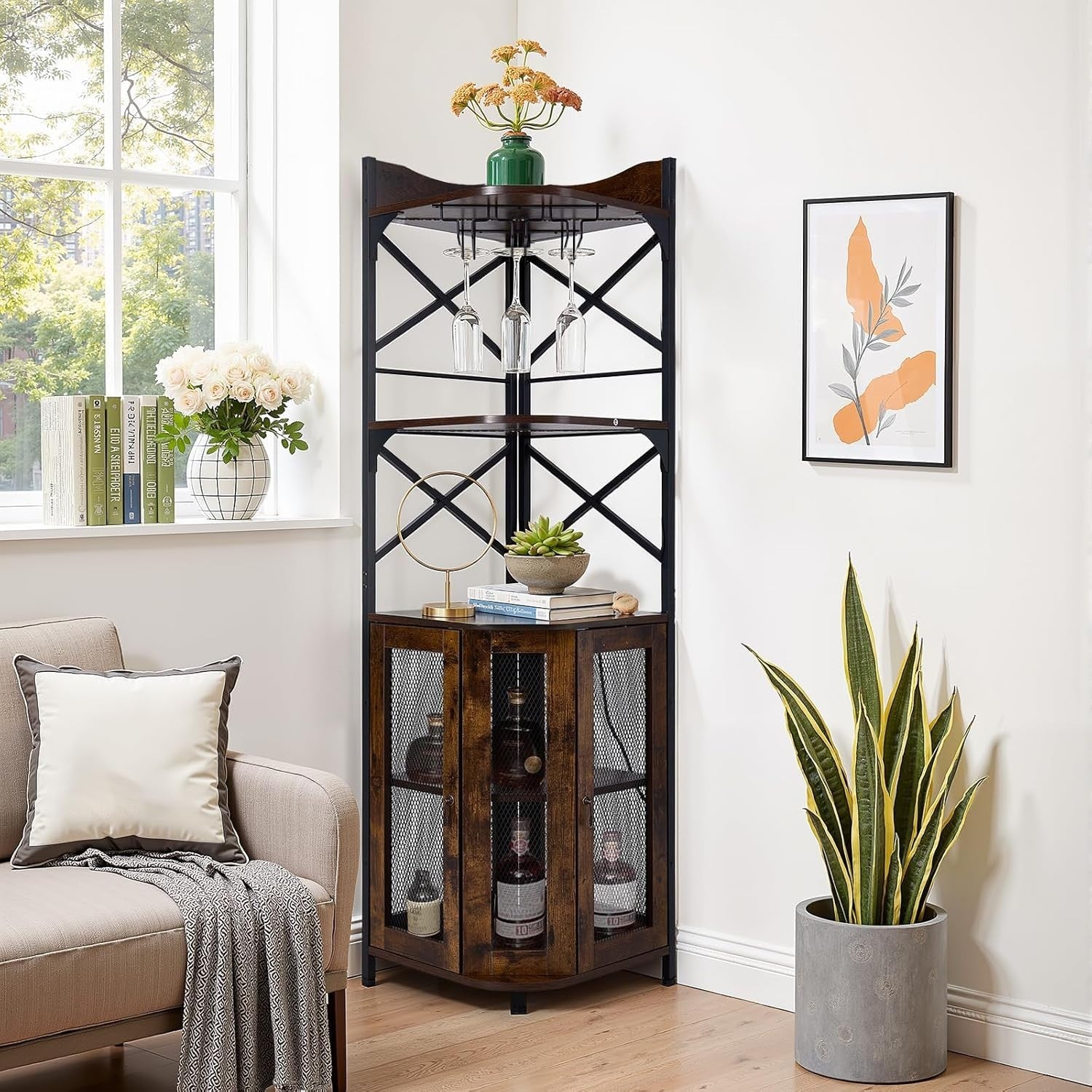 Corner Wine Bar Cabinet with LED Lights, 5-Tier Bottle Rack & Glass Holder