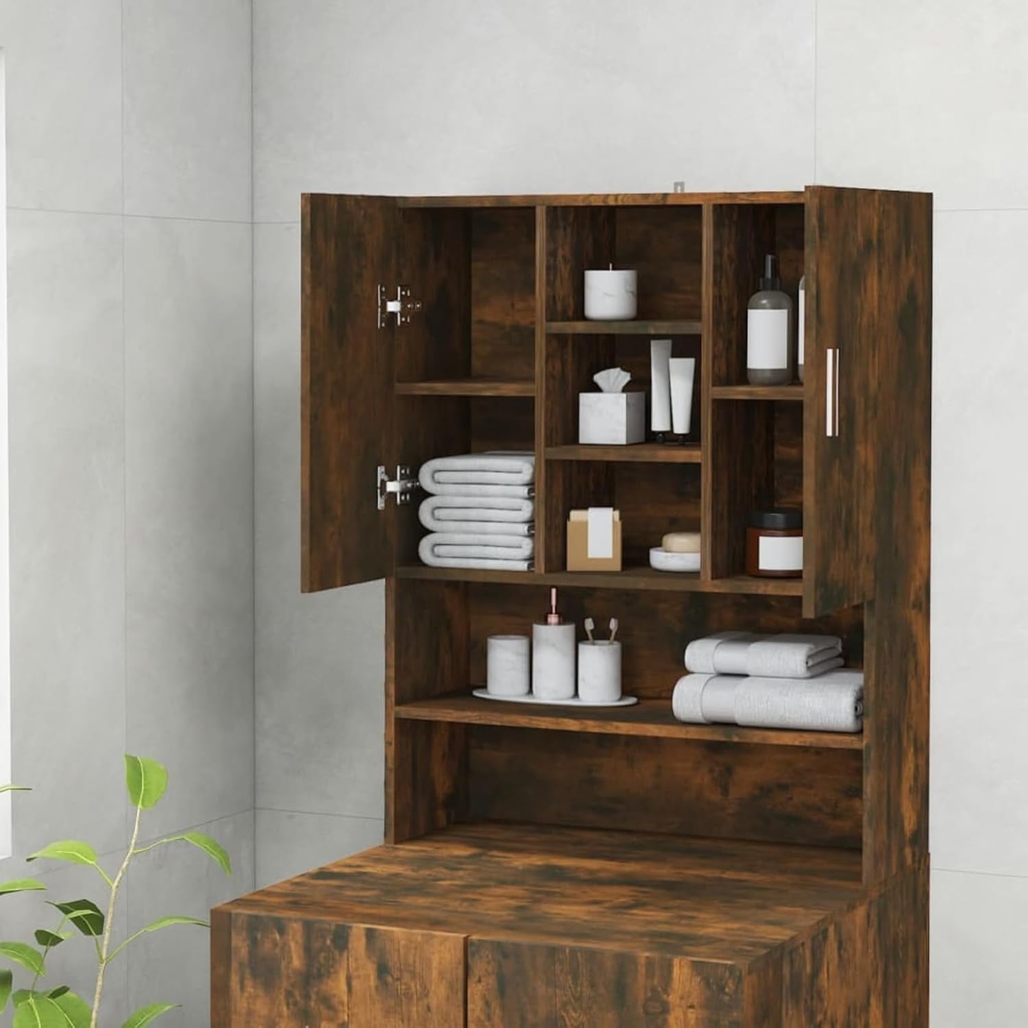 Smoked Oak Washing Machine Cabinet Tall Laundry Storage Unit with Doors & Shelve