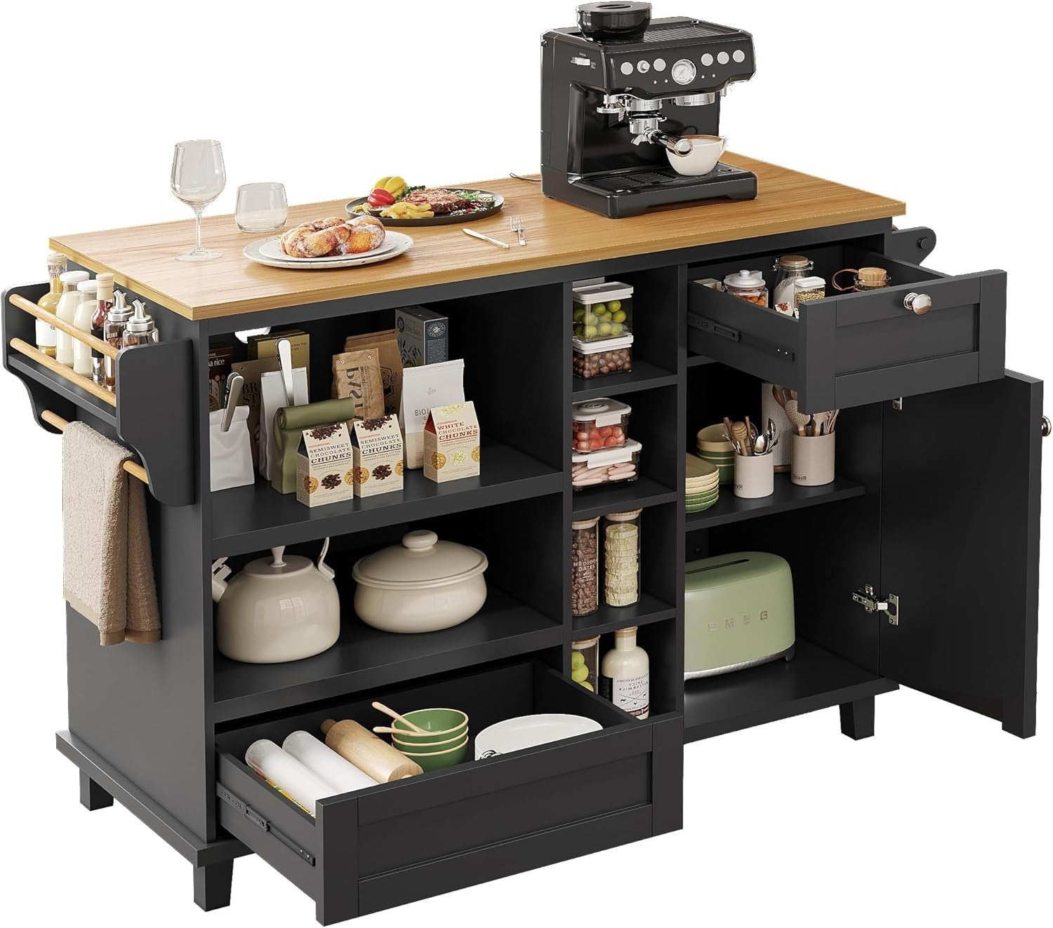 Mobile Kitchen Dining Trolley with Drawers & Cupboards Black 129x46x92cm