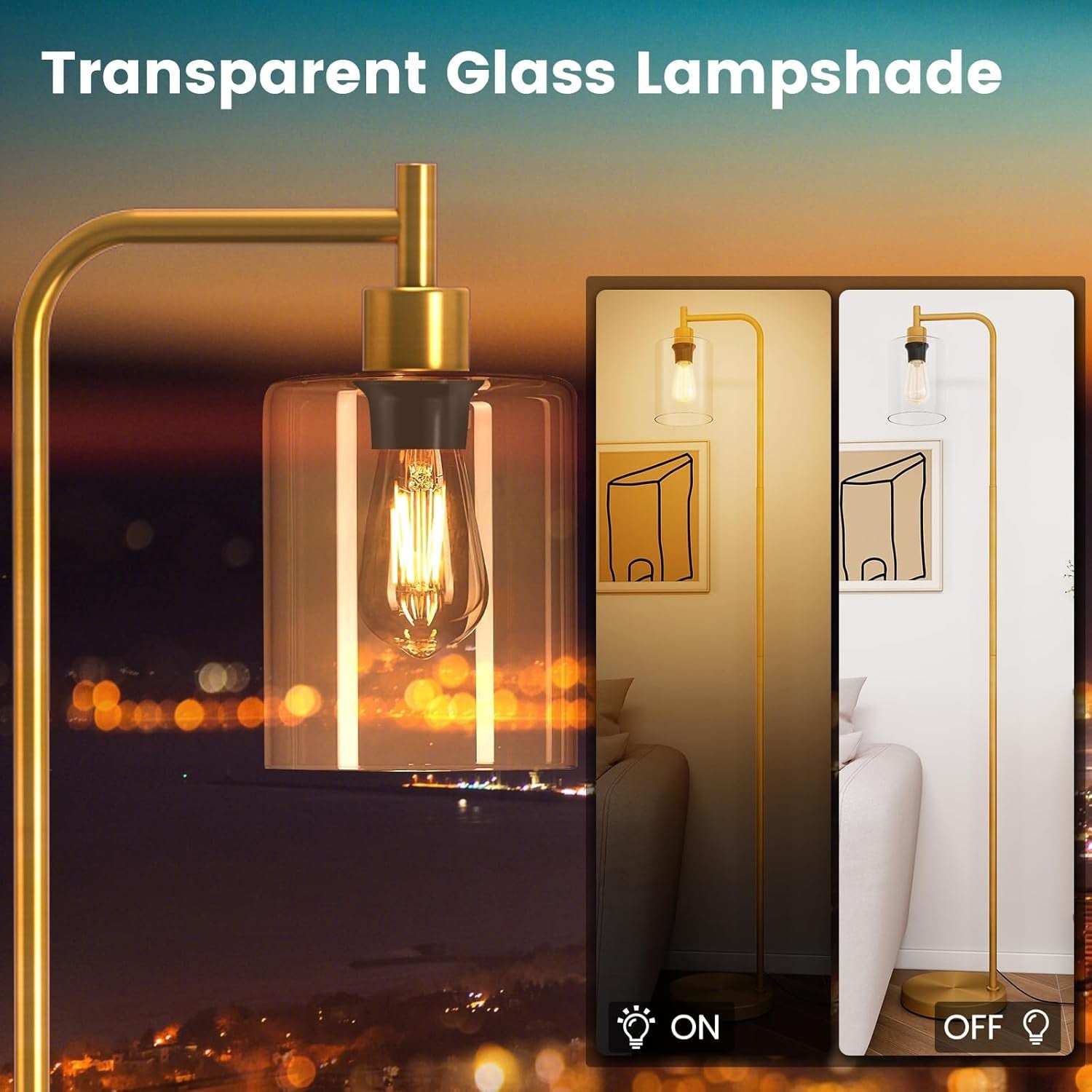 Industrial Floor Lamp Glass Shade Gold Tall Standing Light Foot Switch