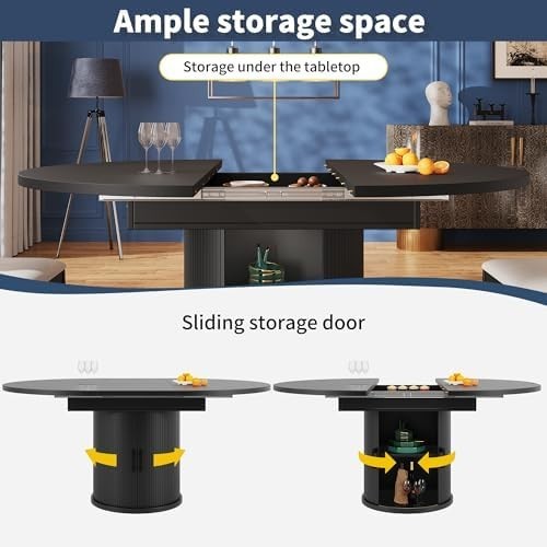 Extendable Round Dining Table Black Storage 118-158cm Oval