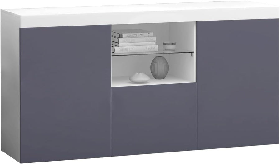 High Gloss Grey Sideboard Cabinet with LED Lights 3 Doors Storage Unit