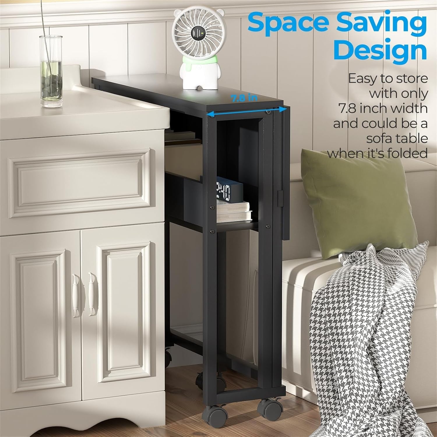 Compact Folding Computer Desk on Wheels with Storage Shelf Space Saving