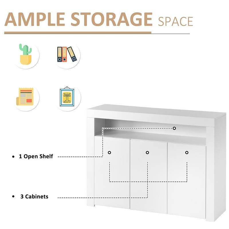 LED Sideboard Cabinet High Gloss White 3-Door Storage Unit with Lights