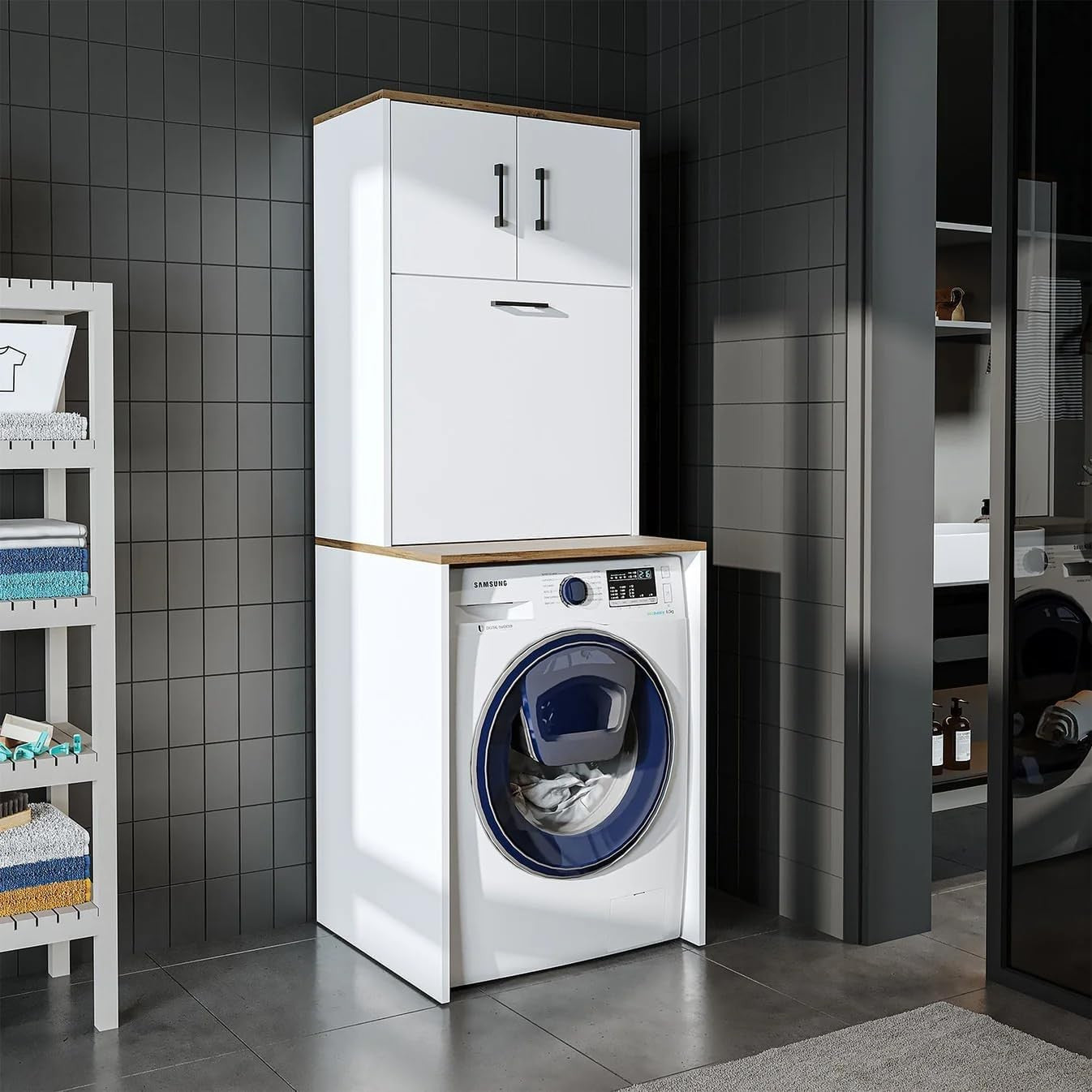 White Oak Washing Machine Cabinet with Laundry Basket & Storage Cupboards 180cm