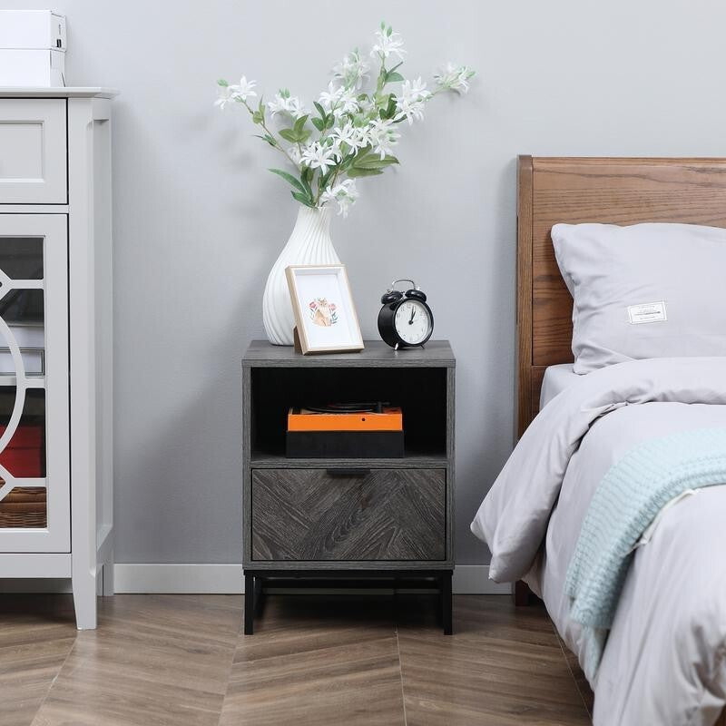 Grey Bedside Table with Drawer & Shelf, Metal Frame, 52cm Tall