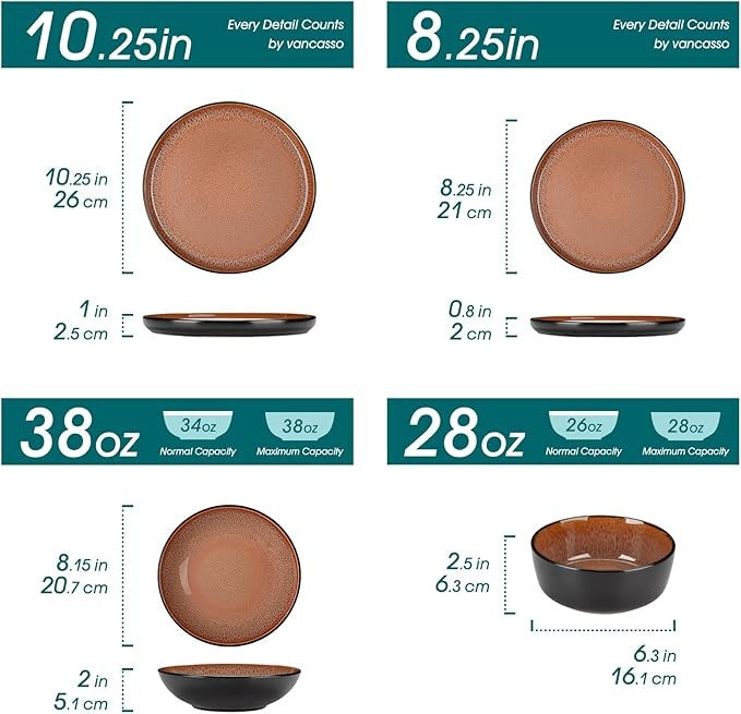 24pc Stoneware Dinner Set Plates Bowls Reactive Glaze Service for 6 Amber