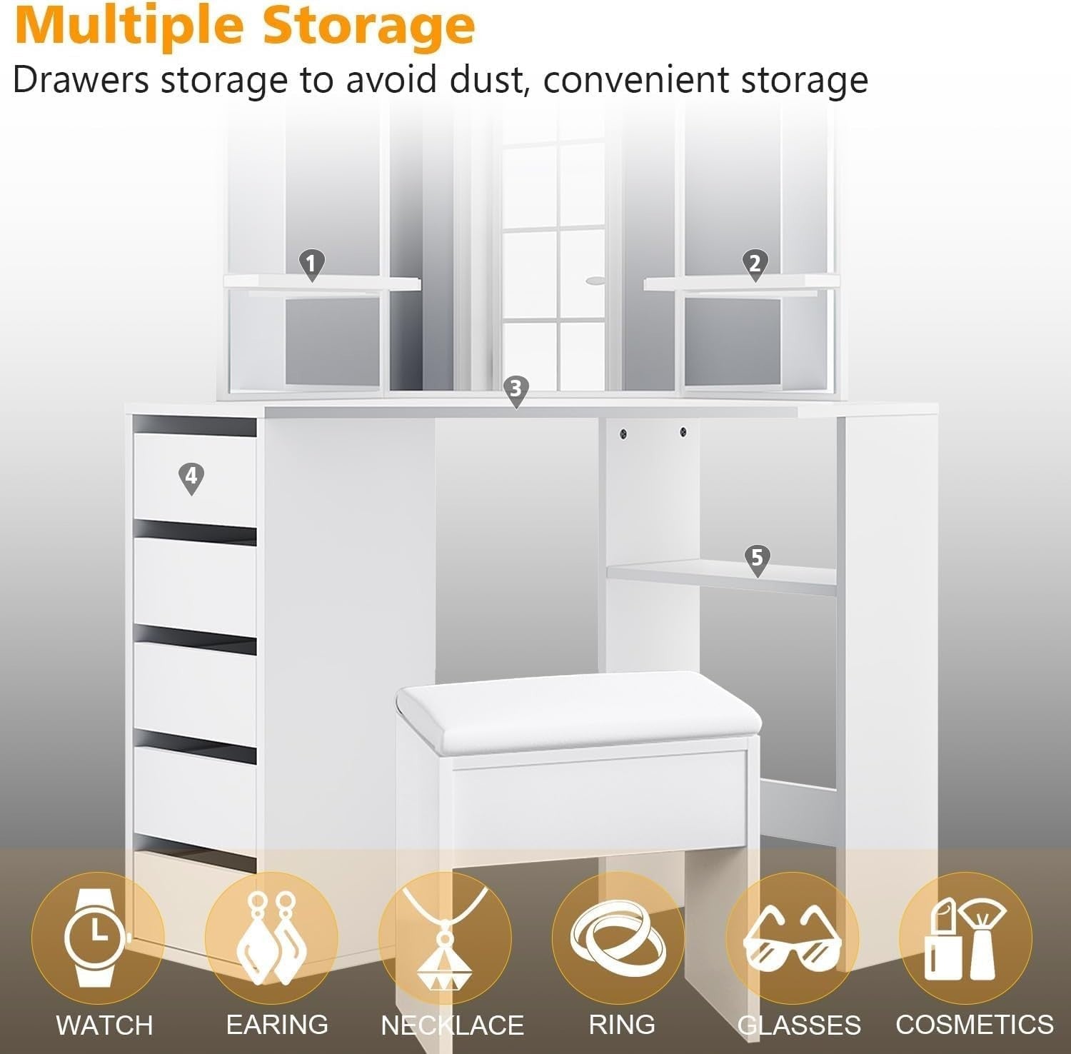 Corner Dressing Table Vanity Desk with Mirror 5 Drawers Storage White Wood Makeu