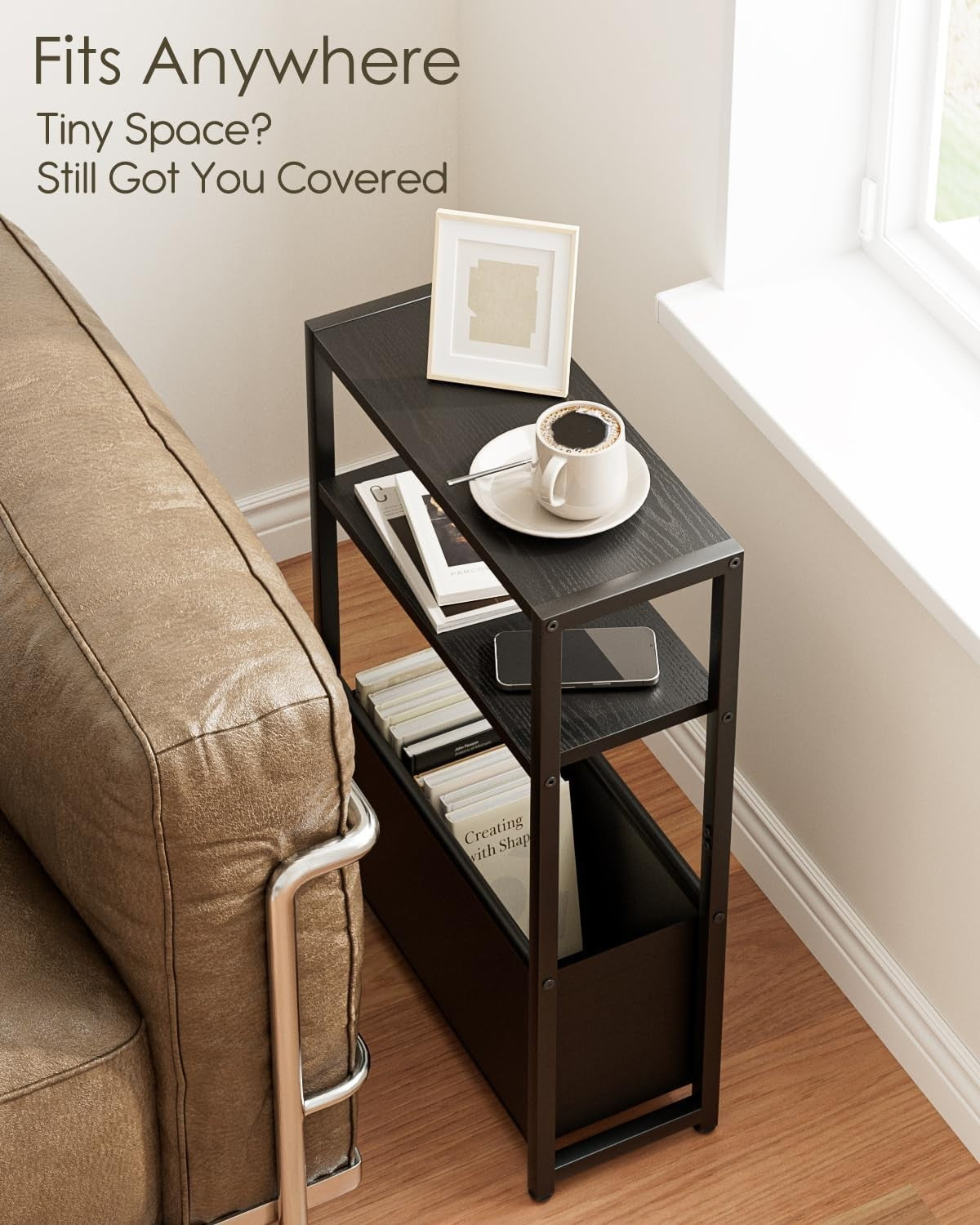 Slim Black Side Table with Storage, Space-Saving Design for Small Spaces