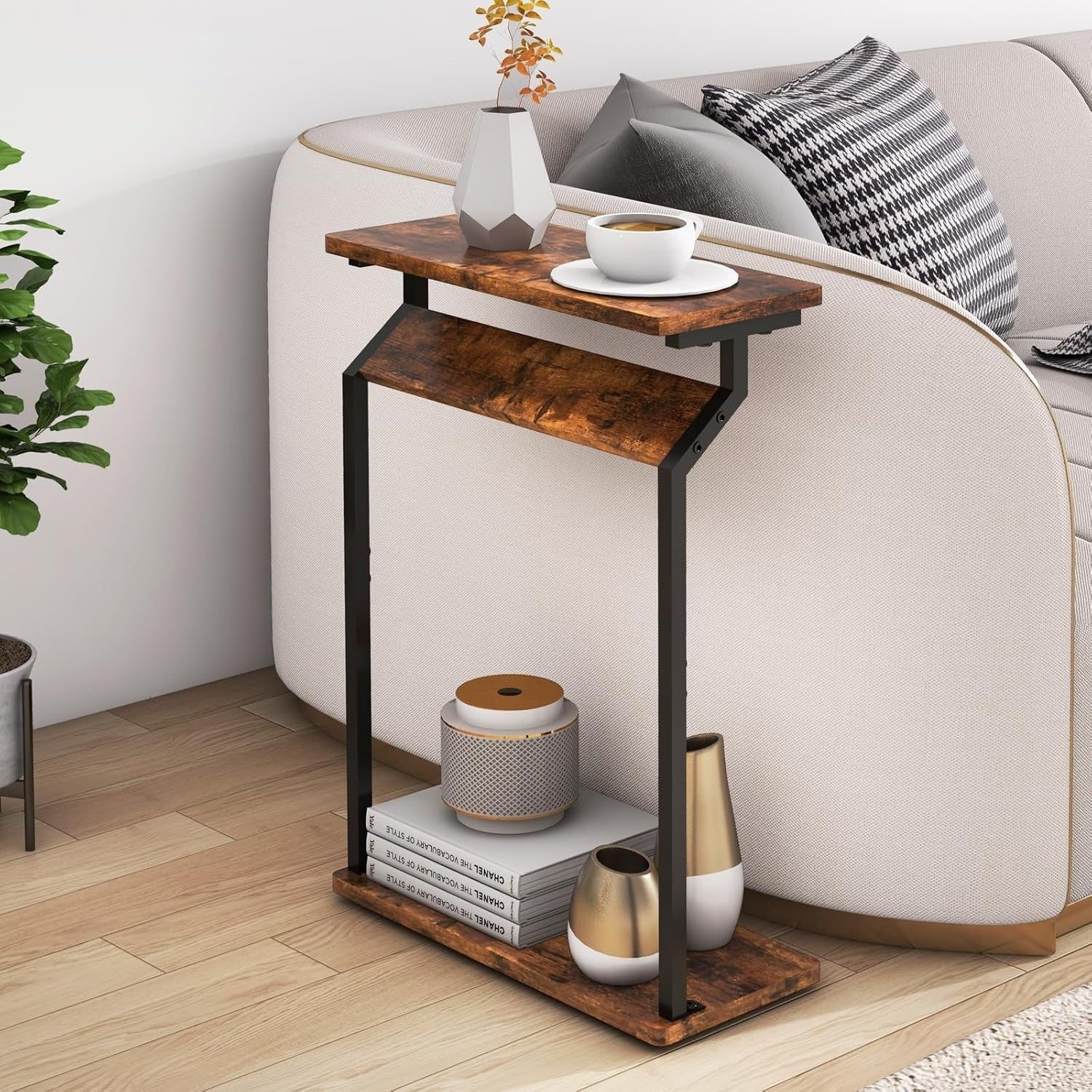 Narrow Side Table Slim Sofa End Table for Small Spaces Rustic Brown 62cm