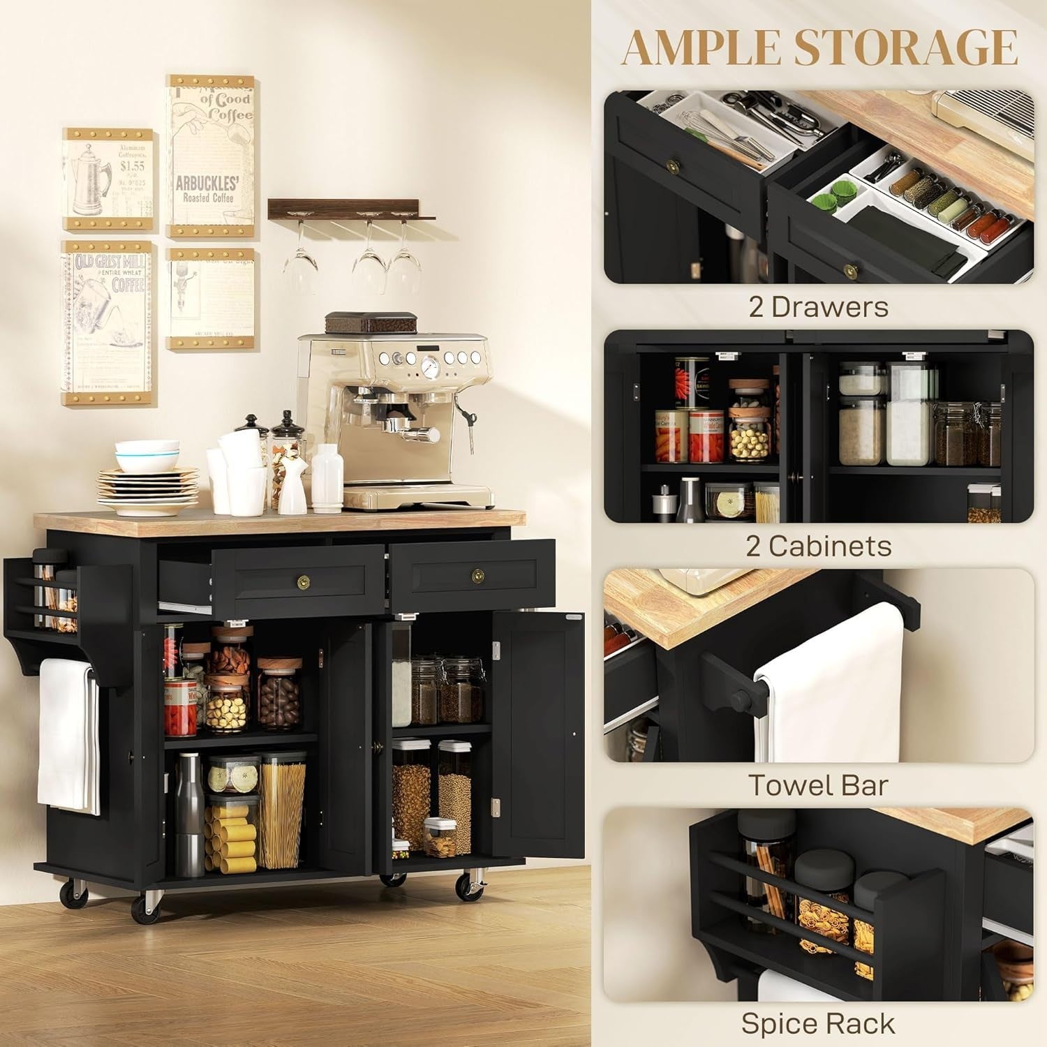 Kitchen Island Cart on Wheels w/ Drawers Cabinet Wood Top